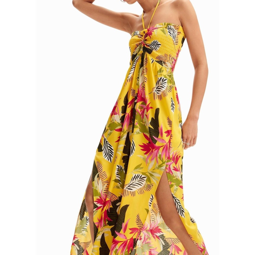 Desigual Tropical Halter Neck Floral Smocked Strapless Maxi Jumpsuit Wide Leg XL
